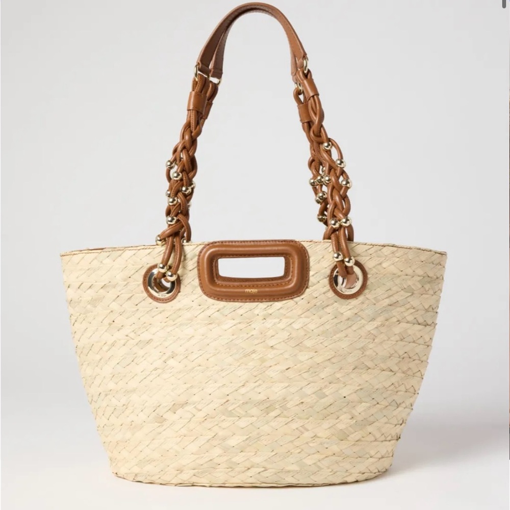 Maje Beige Straw Tote with Brown Leather Handles and Gold Hardware